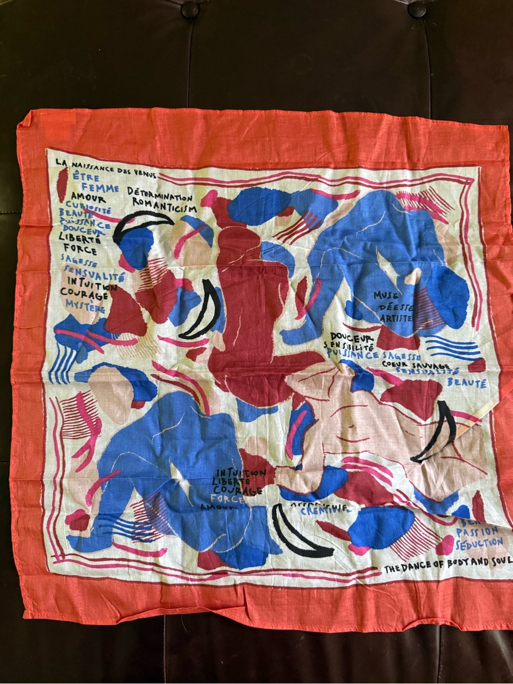 Sezane Abstract Coral Border Scarf with Blue & Pink Motifs